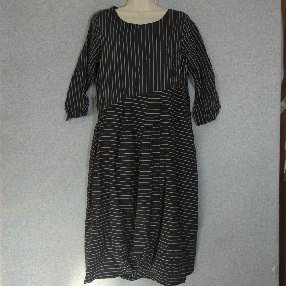 Spirithouse XS Black Striped Midi‎ Dress Lagenlook lightweight assymetric relax